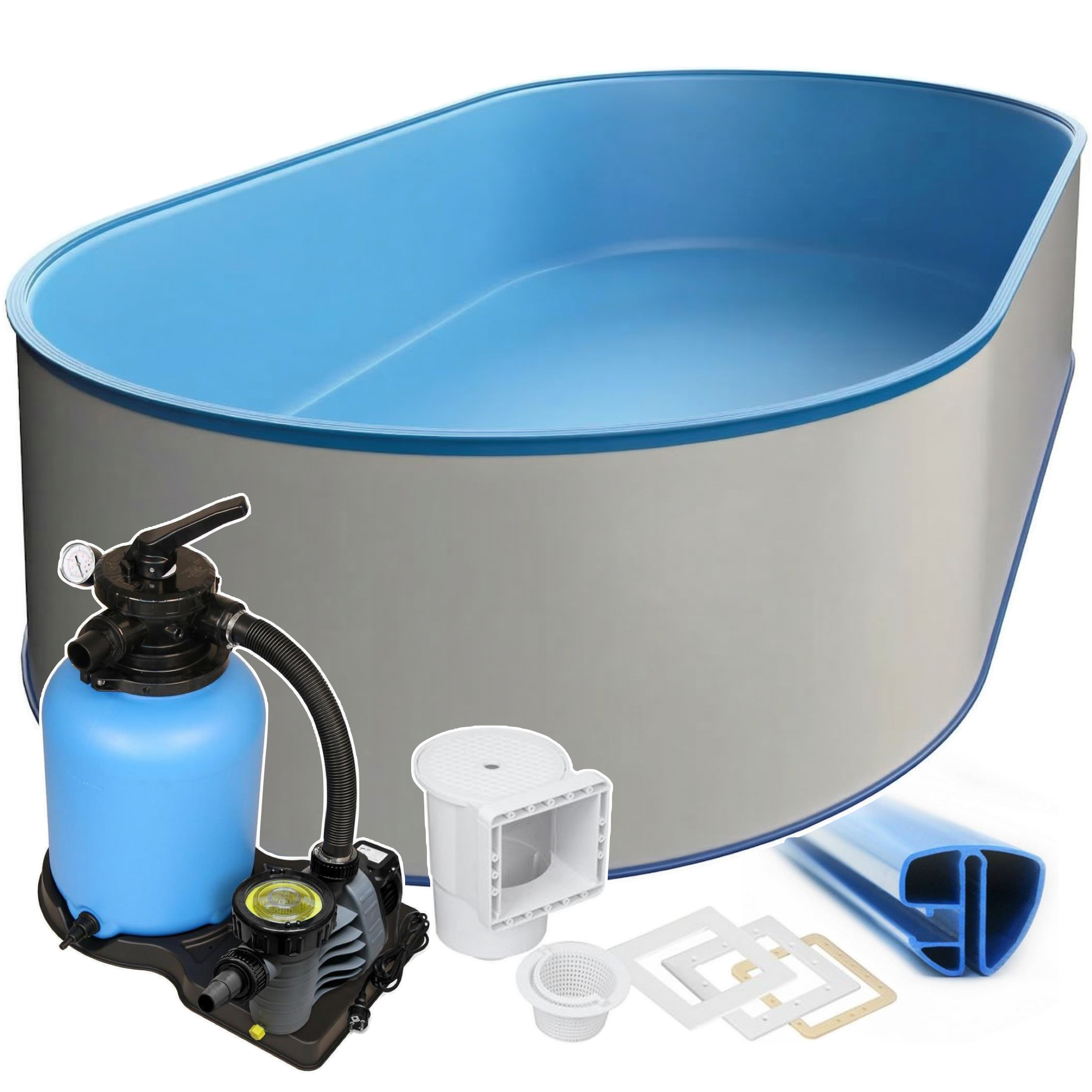 Oval Pool 800 x 400 x 150 cm I STARTER SET I Poolfolie blau  0,8 mm I Filteranlage I SPEZIAL Handlauf