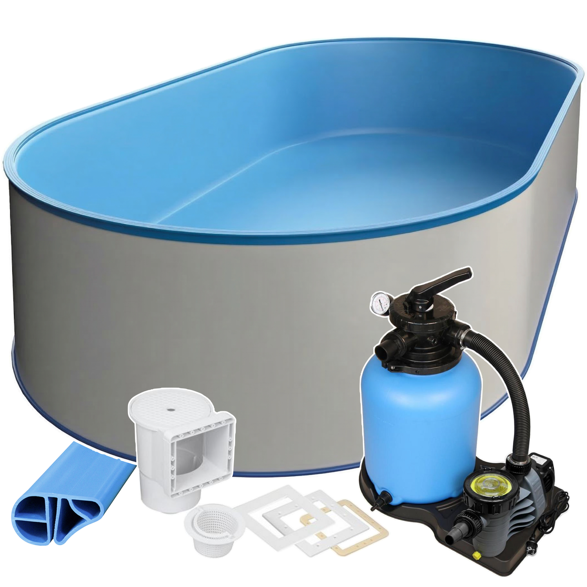 Oval Pool 623 x 360 x 150 cm I STARTER SET I Poolfolie blau  0,8 mm I Filteranlage I BASIC Handlauf