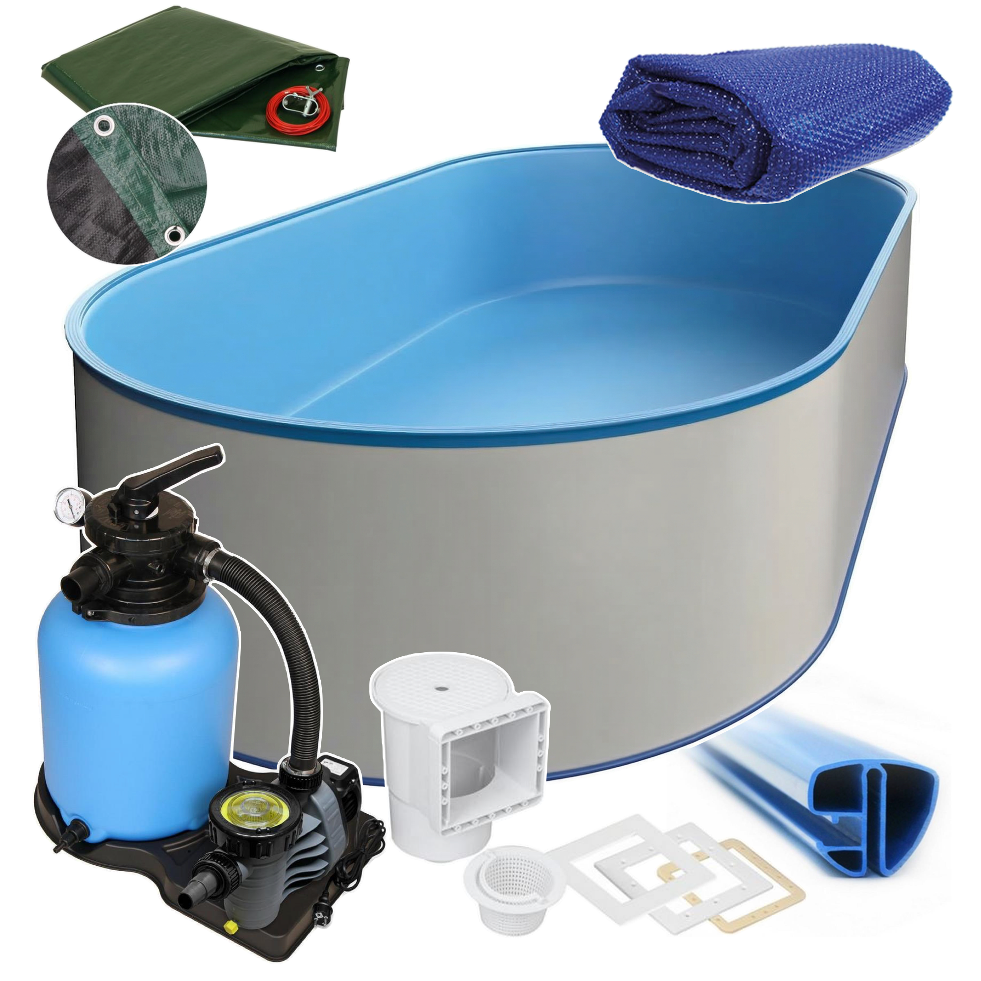 Oval Pool 623 x 360 x 120 cm I ALL IN ONE SET I Poolfolie blau 0,8 mm I Zubehör I SPEZIAL Handlauf