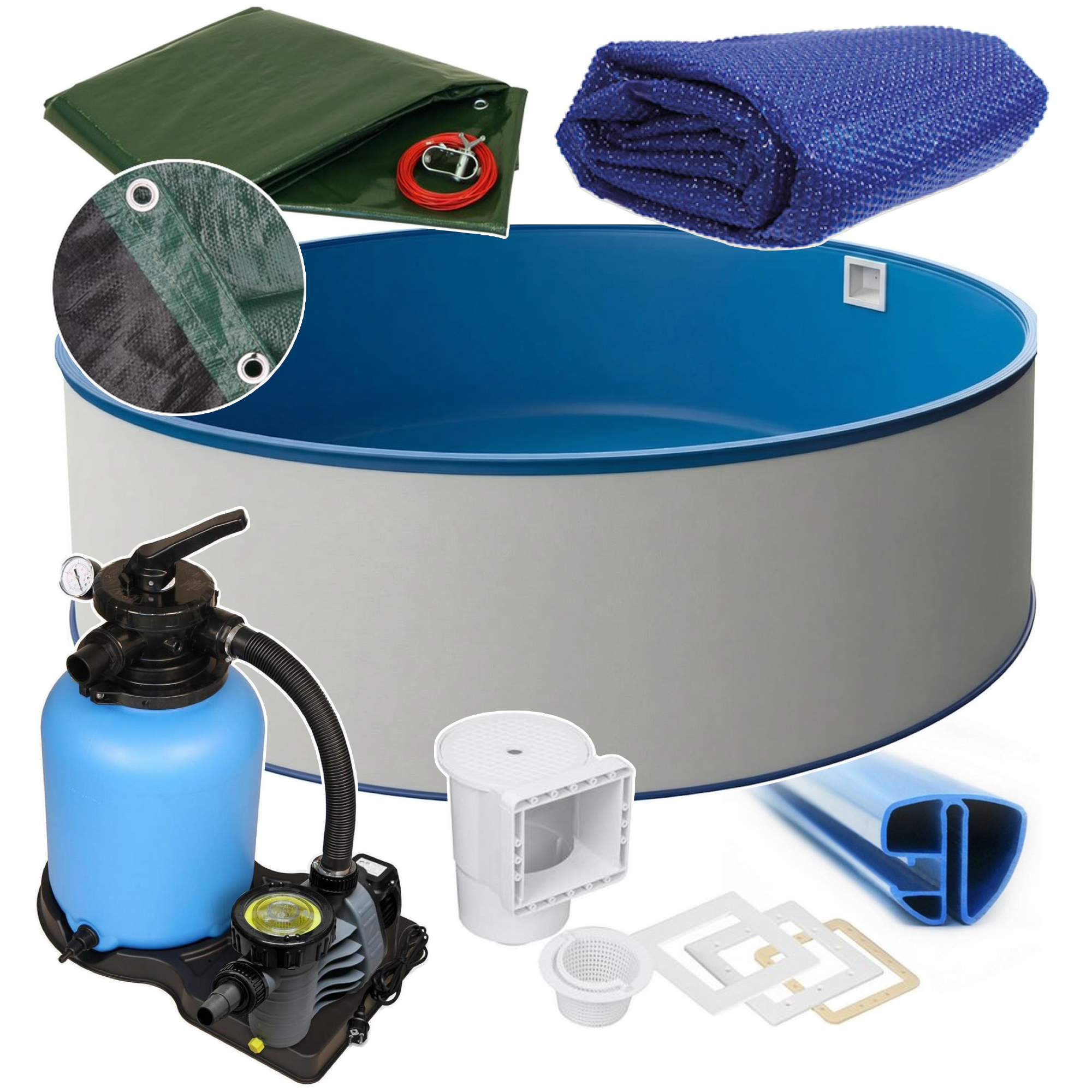 Rund Pool Ø 420 x 120 cm I ALL IN ONE SET I Poolfolie blau 0,8 mm I Zubehör I SPEZIAL Handlauf