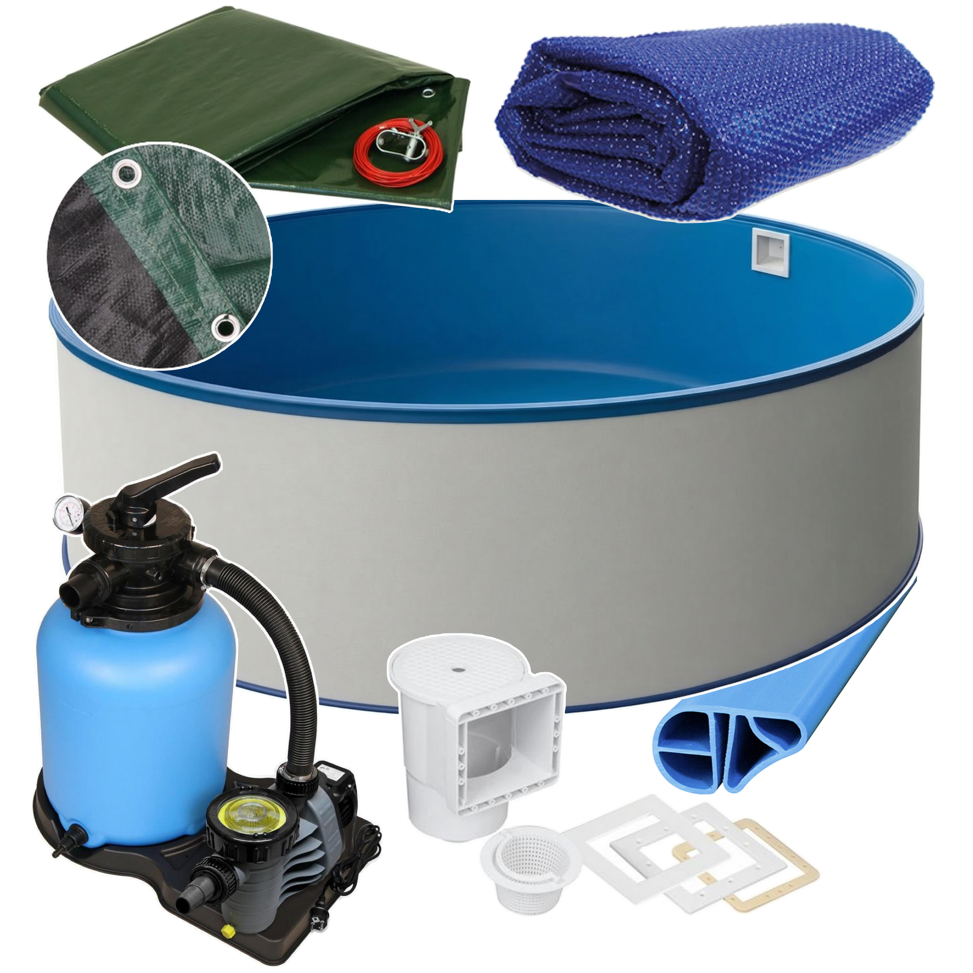Rund Pool Ø 500 x 150 cm I ALL IN ONE SET I Poolfolie blau 0,8 mm I Zubehör I BASIC Handlauf