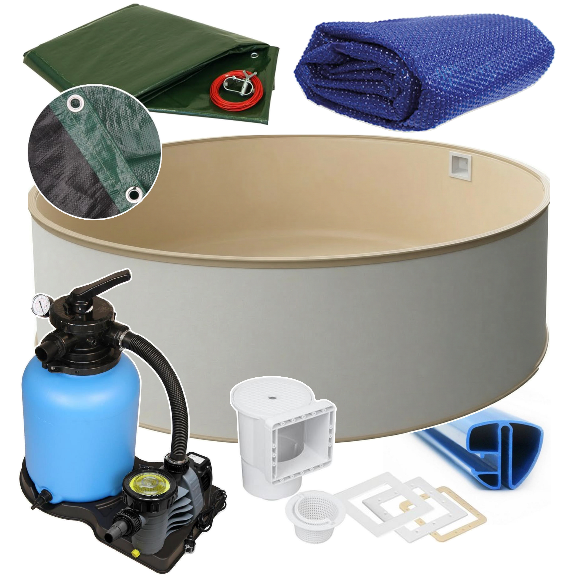 Rund Pool Ø 450 x 120 cm I ALL IN ONE SET I Poolfolie sandfarben 0,8 mm I Zubehör I SPEZIAL Handlauf
